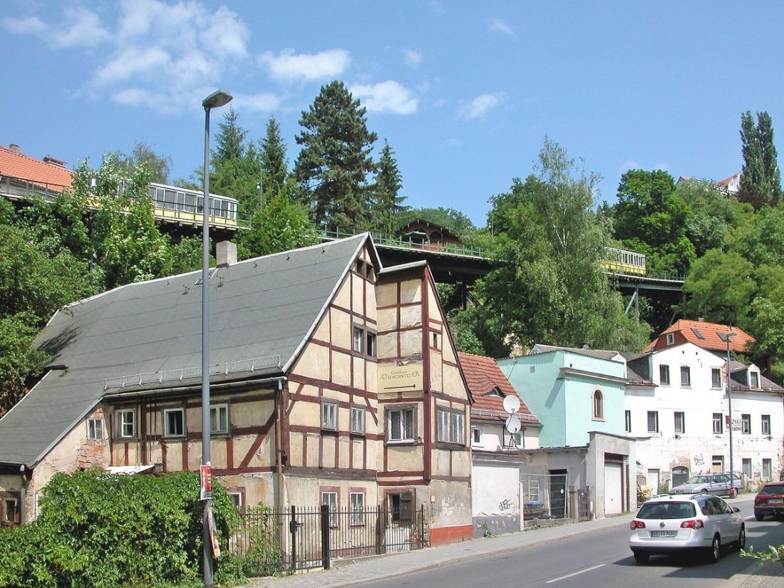 Grundstraße in Dresden Loschwitz with the funicular line running above it