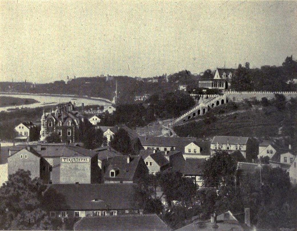 Historische Ansicht von Dresden Loschwitz mit Elbe, Kirche und Hangbebauung um 1900